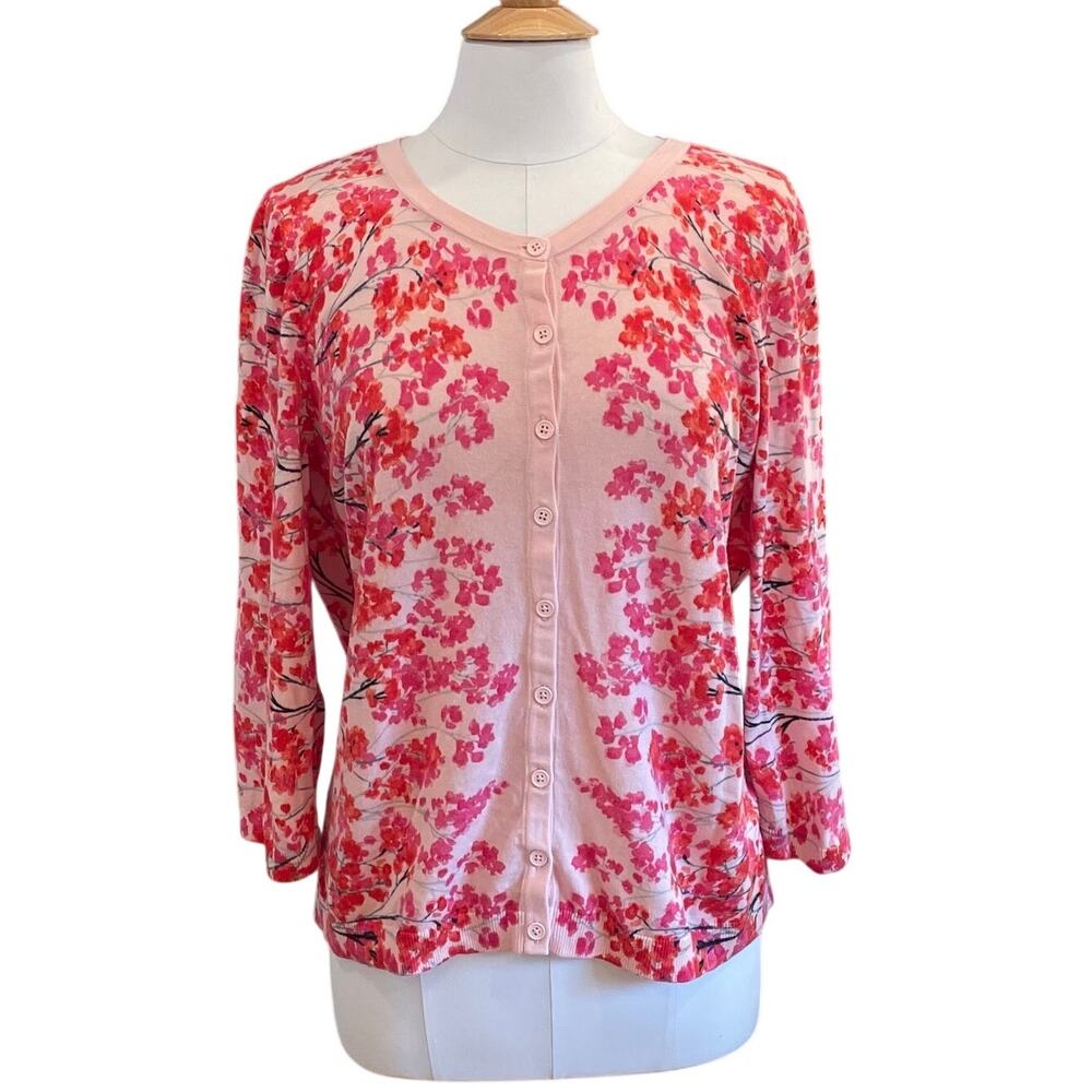 Talbots Pink Floral Crew Neck Cardigan Sweater, Coquette, Feminine, Size 1X